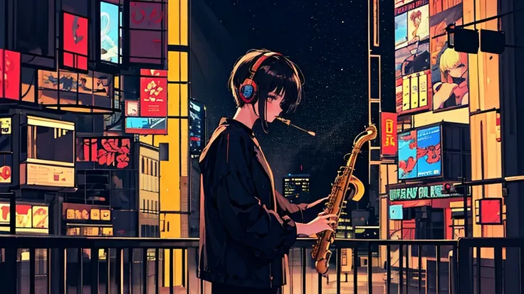 Black short Hair, Black Clothing, One Adult Woman Looking Sideways ,Blue headphones、 City of night, Delicate background、Masterpiece、Night Town、night、dark、Nostalgic、City、Playing the saxophone