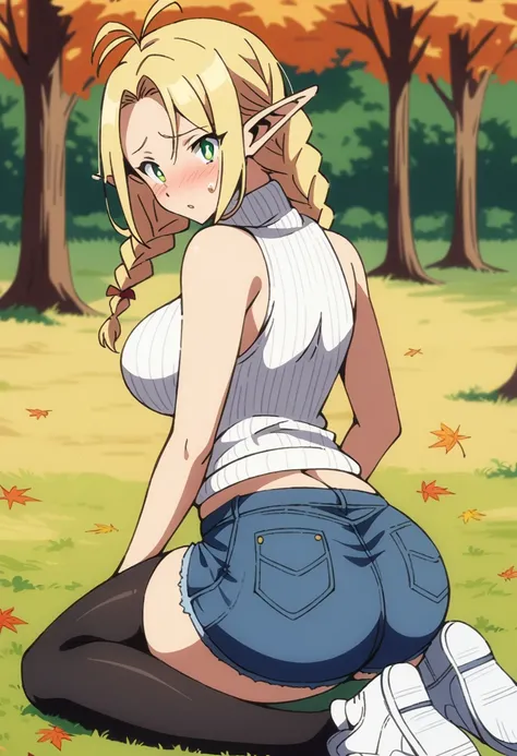 anime art style, masterpiece, best quality, very aesthetic, absurdres, dynamic shadows, atmosferic, marcille donato, ((1girl)), antenna hair, blonde hair, long hair, braid, twin braids, parted bangs, green eyes, pointy ears, curvy body, large breasts, sexy...