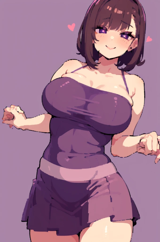 ((best quality)), ((masterpiece)), (detailed)),Cute Girl,Short Brown Hair,Purple Eyes,Heart shaped pupils,Cute smile,Red Blush,big breasts,showed under ,bare thick thighs,cute skirt,Glowing purple eyes,cute pose,hand beneath breasts,purple background,squee...