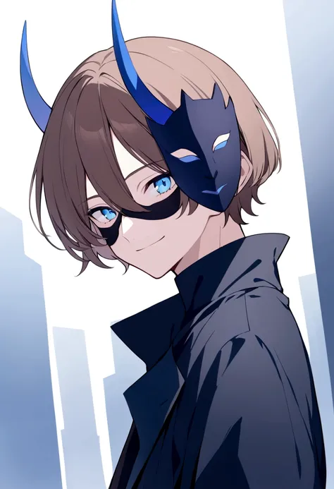 (man in half smile mask on the left side )(blue color)(blue eyes) brown hair)(blue horns)(Dressed in black)(Short haired)(alone)