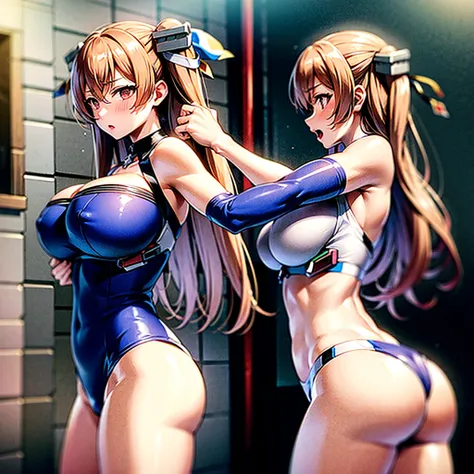 Two people draw , Kyoto animation , Nsfw , Women boxing , monokini swimsuits , boxing rings, huge breasts.