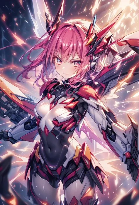 (masterpiece:1.2), best quality, high resolution, extremely detailed CG, absurdres, highres, 1girl, mecha girl, colorful light particles arounded, glitter, glowing wings, (((vivid color))), angry, smile, Colorful portraits