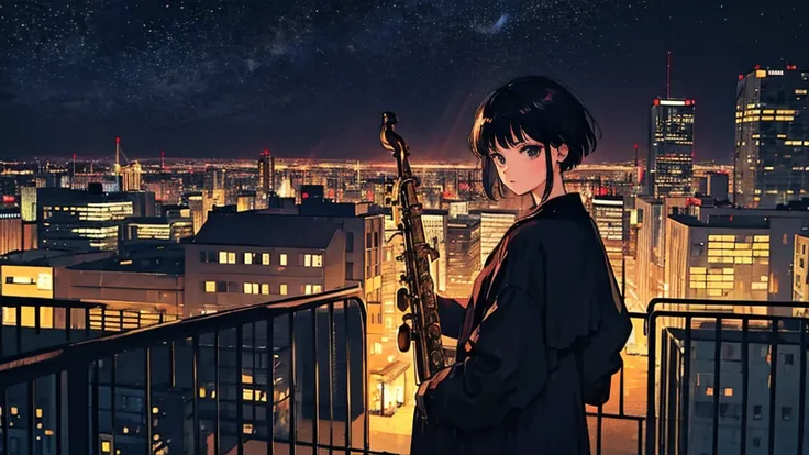 Black short Hair, Black Clothing, One Adult Woman Looking Sideways , City of night, Delicate background、Masterpiece、Night Town、night、dark、Nostalgic、City、Playing the saxophone