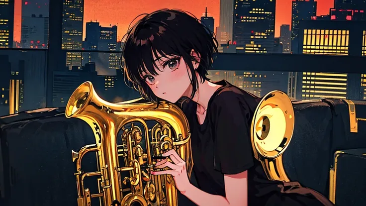 Black short Hair, Black Clothing, One Adult Woman Looking Sideways , City of night, Delicate background、Masterpiece、Night Town、night、dark、Nostalgic、City、Playing the saxophone