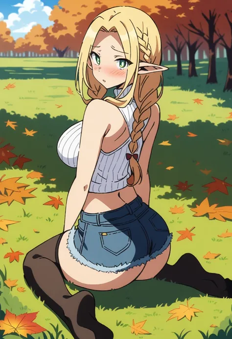 anime art style, masterpiece, best quality, very aesthetic, absurdres, dynamic shadows, atmosferic, marcille donato, ((1girl)), blonde hair, long hair, braid, twin braids, long braids, parted bangs, green eyes, pointy ears, curvy body, large breasts, sexy,...