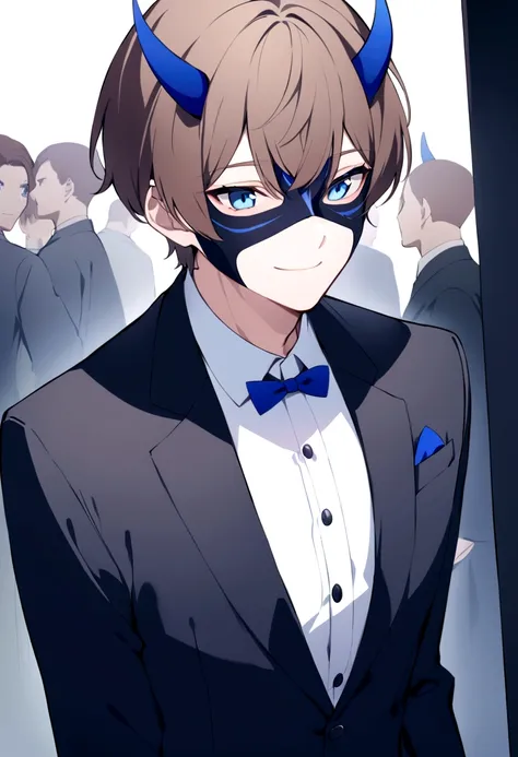 (man in half smile mask on the left side )(blue color)(blue eyes) brown hair)(blue horns)(Dressed in black)(Short haired)(alone)