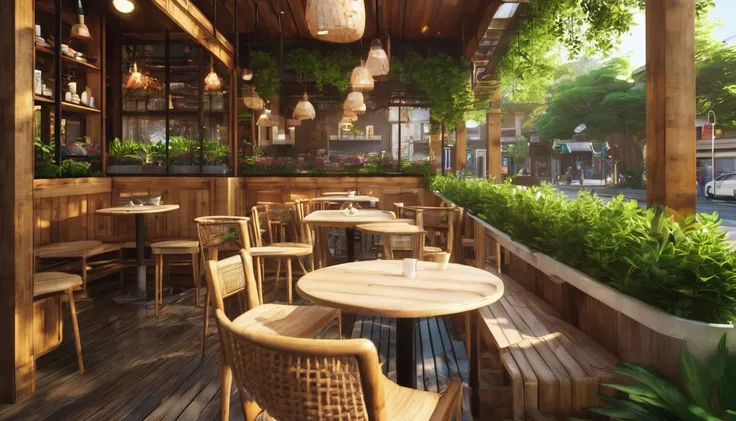 (((Cozy cafe)): A charming cafe with a rustic wooden facade, bathed in warm sunlight. Lush greenery spills over the edges of planters, and handcrafted wooden furniture invites passersby to linger over coffee and conversation.