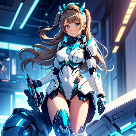 masterpiece, high quality, Cyborgization、Gynoid Cyborg Body、The face is of Minami Kotori.、mechanical parts、Blue and white leotard armor、solo focus、Single image、from front, full body、Mechabare、Precision machinery is exposed all over the body