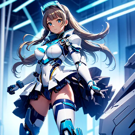 masterpiece, high quality, Cyborgization、Gynoid Cyborg Body、The face is of Minami Kotori.、mechanical parts、Blue and white leotard armor、solo focus、Single image、from front, full body、Mechabare、Precision machinery is exposed all over the body