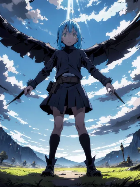 a demon winged Rimuru, exquisitely detailed, masterfully wielding a sword emerging from a portal, ultra-detailed, vibrant colors, chiaroscuro lighting, cinematic composition, dramatic atmosphere, dark fantasy, epic fantasy art, bien promorcinado 