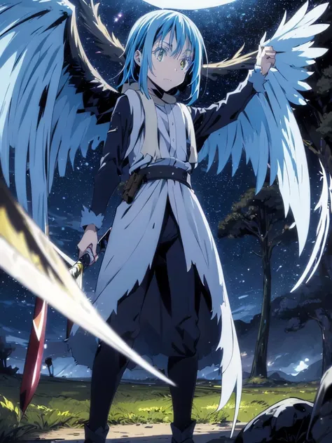 a demon winged rimuru, exquisitely detailed, masterfully wielding a sword emerging from a portal, ultra-detailed, vibrant colors...