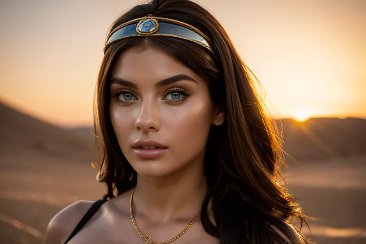 transition to a desert landscape at sunset, a lonely figure, cleopatra style, whole body, araffada muscular woman, a beautiful woman emerges wearing cleopatra style, post-apocalyptic Cleopatra clothing. Cleopatra accessories, and a worn appearance create a...