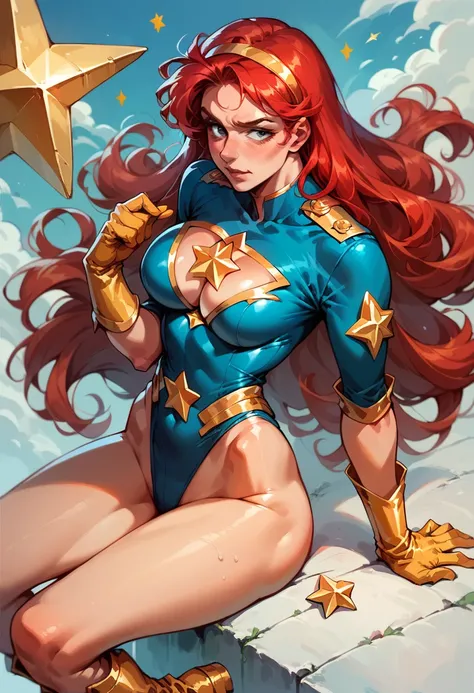 masterpiece,Sexy, Superheroine, Red hair, long hair, busty, ((blue highleg leotard with a t-back thong and a gold star insignia on chest)), gold boots, gold gloves, curvy, ((cleavage cutout)), anime, ass focus