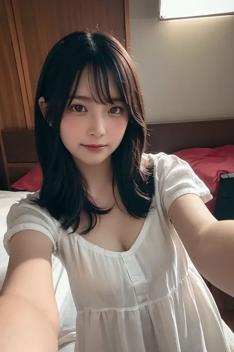 woman, White linen on the bed, Calm (Selfie:1.8) Just before bedtime. She is soft, Silk nightgown. Calm表情を浮かべる, With a faint smile, Embody the end of a tiring day. The headboard and fluffy pillows surround her., Right before having sex