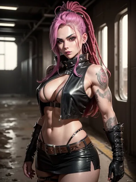 In the Wasteland, 25 year old beautiful girl in Wolf style...., from DC comics, with dreadlocks, intergalactic anti-heroine, known for her cruelty and sarcastic behavior.. He is depicted as an alien humanoid with pale white skin....., long black dreadlocks...