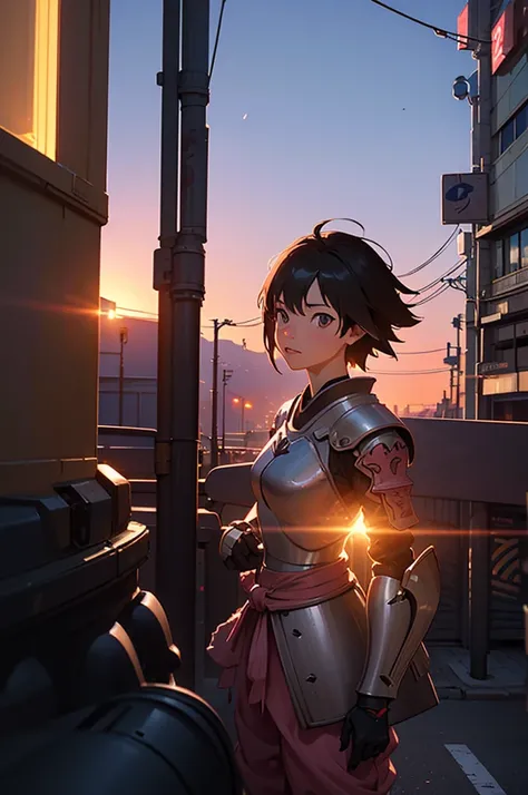 Piglet in armor and  on the road, Sunset on the city street, film lighting, Shoot movies with AR 9:16 -N 6-G, Japan 3D 8K hyper detailed, realistic street view, Octane rendering. Author: Makoto Shinkai, realistic afternoon lighting, Akihiko Yoshida. unreal...