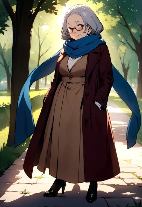 masterpiece, best quality, an old woman with glasses and a scarf, dressed in a wine coat and a blue scarf, standing in the park