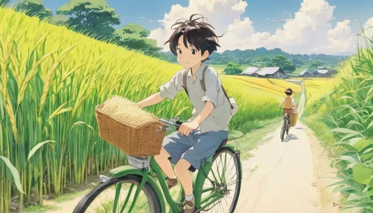 Beautiful illustrations, Endless rice fields, Half yellow、Half Green, Boy Riding a Bicycle, Girl sitting in the back seat，Style: Barnet, Includes 50d movie stills, Rural Scenery, countryside, panoramic,、Real、Paintings by Makoto Shinkai