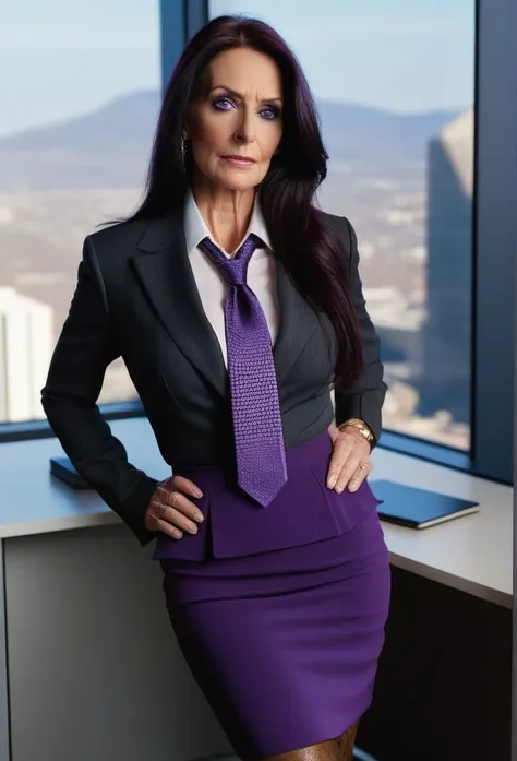 (masterpiece:1.37), best quality, (extremely detailed:1.37), office, window overlooking a bustling cityscape, woman, (mature:1.75), (very long hair:1.25), dark purple hair, purple eyes, (extremely detailed eyes:1.37) shining eyes, breasts, business suit, n...