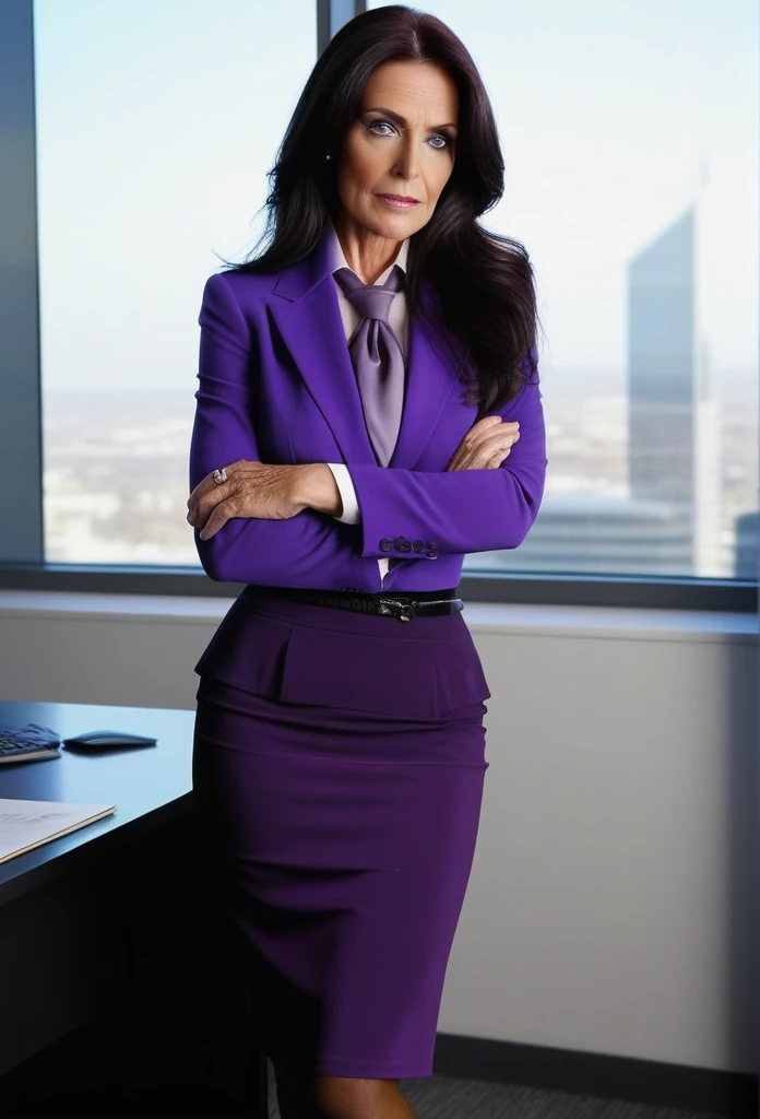 (masterpiece:1.37), best quality, (extremely detailed:1.37), office, window overlooking a bustling cityscape, woman, (mature:1.75), (very long hair:1.25), dark purple hair, purple eyes, (extremely detailed eyes:1.37) shining eyes, breasts, business suit, n...