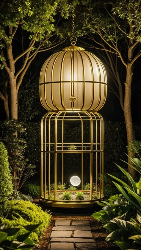 surreal garden, golden cage, moon