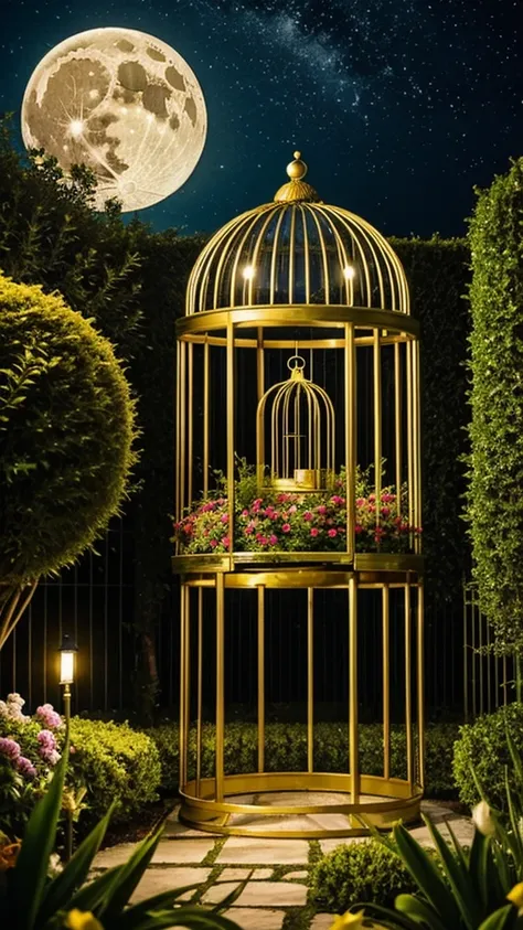 surreal garden, golden cage, moon