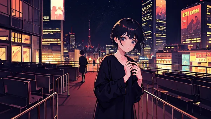 Black short Hair, Black Clothing, One Adult Woman Looking Sideways , City of night, Delicate background、Masterpiece、Night Town、night、dark、Nostalgic、City、musical instrument、Performance