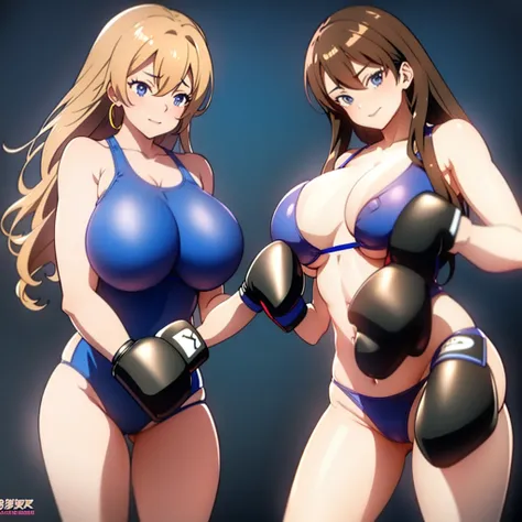 Two people draw , Kyoto animation , Nsfw , Women boxing , monokini swimsuits , boxing rings, huge breasts.