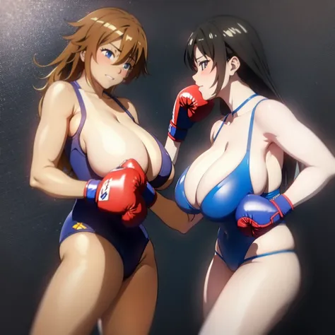 Two people draw , Kyoto animation , Nsfw , Women boxing , monokini swimsuits , boxing rings, huge breasts.