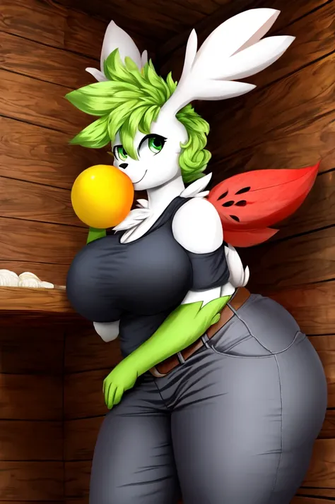 ((best quality)), ((masterpiece)), (detailed), (shaymin:1.1), furry female, anthro, red flower petal, seductive smile, relaxed, flirty, black shirt, gray pants, green eyes, green hair, feminine body, big breasts, wide waist, wide hips, massive thighs, big ...