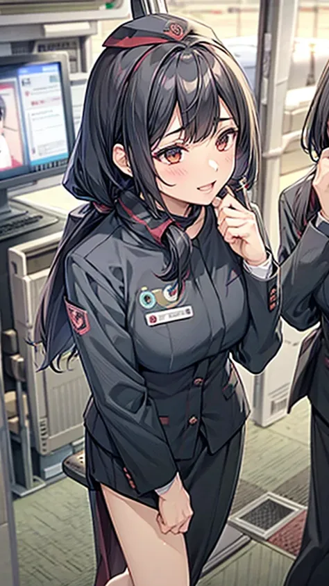 40years old,Ahegao:1.5,orgasm:1.5,double piece,dildo_Under_Cloth,Fullbody,panty drop,A photo of an airport staff member wearing a uniform, standing in a modern airport terminal, with a professional and friendly demeanor.