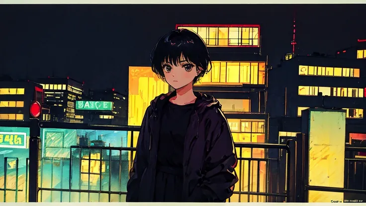 Black short Hair, Black Clothing, One Adult Woman Looking Sideways , City of night, Delicate background、Masterpiece、Night Town、night、dark、Nostalgic、City、ジャズ