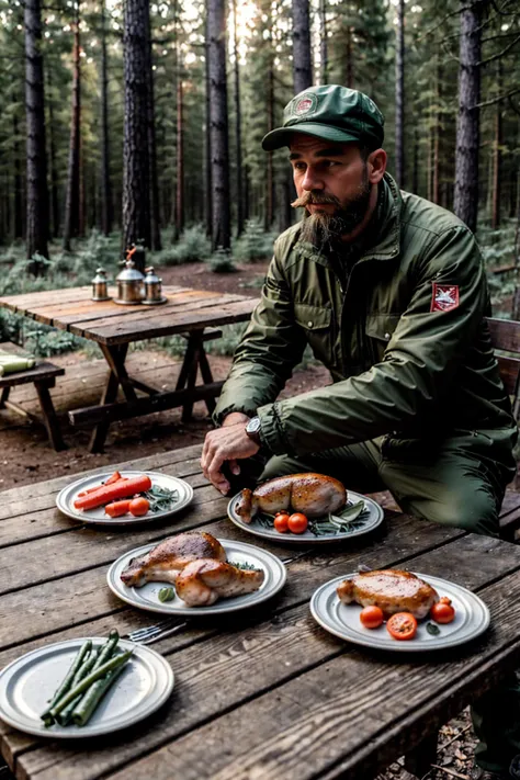 In the forest,A man wearing old-fashioned &References;Aviation cap&References;，Wear outdoor clothing，Sitting at the table, Looking far away, thoughtfully,chicken, fish, There are several plates of vegetables on the table.,HD style,Beautiful light,500px sty...