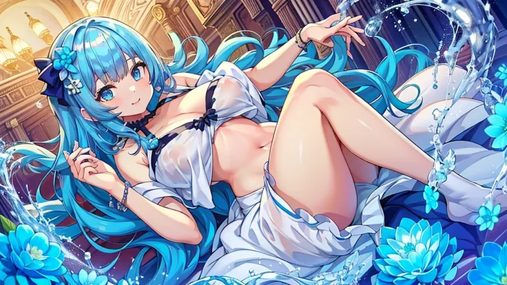 Masterpiece、Highest quality、Super detailed、1 girl、(Big Tits)、Fluffy and soft long hair、Blue Eyes、Cleavage、((Underboobを見せる))、smile、Too big soft breasts、Blue Hair、Underboob、Underboob、Underboob、apron