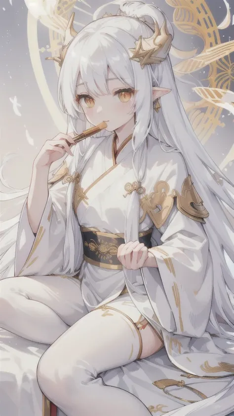 (best quality, highres, ultra-detailed:1.2), beautiful long white hair, stunning golden eyes, silver Hanfu armor, intricately designed white folding fan, white dragon horns, ethereal lighting, soft color palette