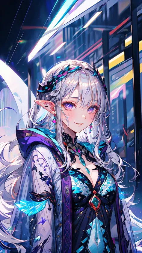 portrait of a dark elf, ((dark skin)), medium length pointy ears, moonlight particals, moonlight aura,(shiny purple eyes:1.2), (silver flowing hair:1.3),light cold smile, cold face, sexy Romanian style costume,( silver jewelry), purple glowing tattoos, mat...