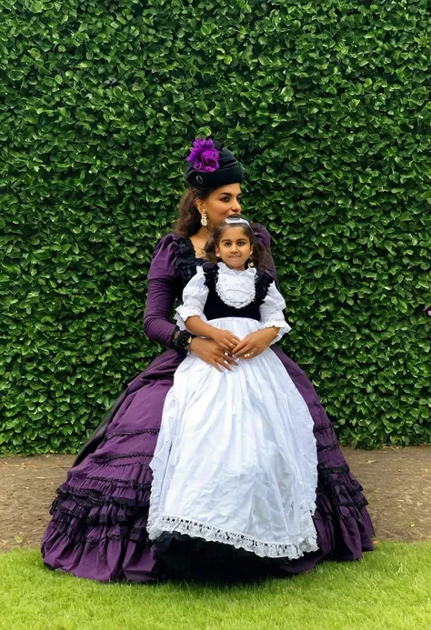 indian mother with daughter in victorian outfit in park