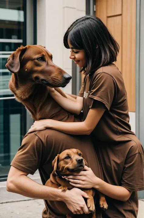 a person wearing a brown t-shirt and petting a dog, make it a vertical image 