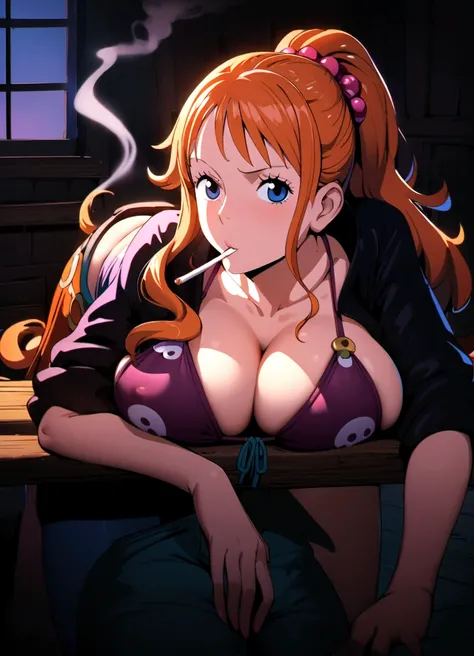 a cartoon picture of a woman in a bikini top and jeans, nami one piece, nami from one piece, nami, beautiful portrait of nami, from one piece, oppai, blue eyes, smoking, ponytail, nsfw