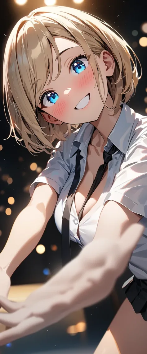 (((One girl))), blond hair, bob cut, (cowboy shot), (looking at viewer), face in focus, breasts, teenager, head tilt:1.3, (((blue eye))), ((happy smile)), ((full face blush)), school summer uniform, white shirts, ((black tie)), black skirt, dynamic pose, c...