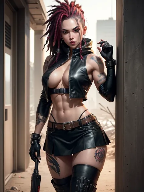 In the Wasteland, 25 year old beautiful girl in Wolf style...., from DC comics, with dreadlocks, intergalactic anti-heroine, known for her cruelty and sarcastic behavior.. He is depicted as an alien humanoid with pale white skin....., long black dreadlocks...