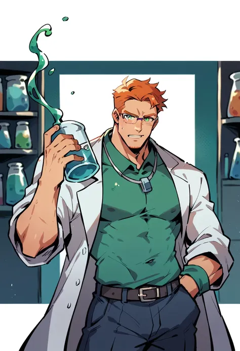 Handsome ginger haired man with green eyes wearing glasses and a lab coat, nervously pouring liquid in a beaker, science lab background 