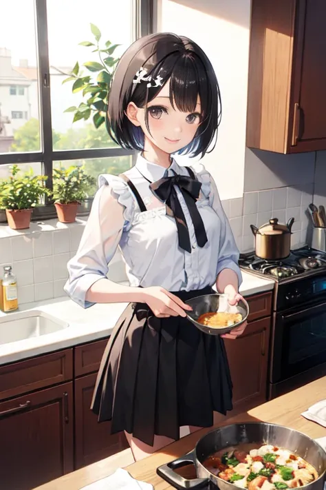 Black Hair、Iris、Short Hair、Girl、cute、16 years old、The outfit is cute、Skirt available、smile、、Small hair ornament、The background is the kitchen、Cooking、