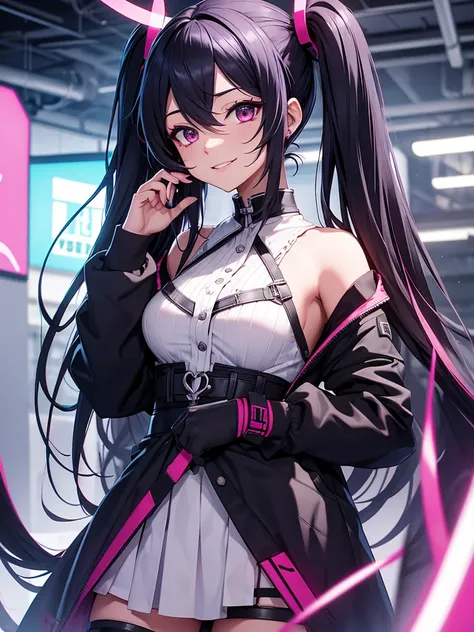 hatsune miku, emo, goth, black and purple hair, red eyes, blood, smiling