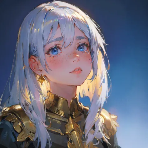 glamour shot of a young woman crying, with silvery hair, bangs, (tears) on a sad face, simmetric (blue) eyes, (freckles), juicy lips, gold earrings, beautiful lights, iper-realistic, masterpiece, cinematic lighting, best quality, anatomically perfect.