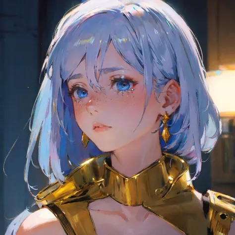 glamour shot of a young woman crying, with silvery hair, bangs, (tears) on a sad face, simmetric (blue) eyes, (freckles), juicy lips, gold earrings, beautiful lights, iper-realistic, masterpiece, cinematic lighting, best quality, anatomically perfect.