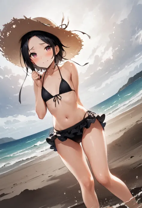 looking back at viewer、tideland、Covered in mud、Tiny string bikini、Thighs、Girl、Girl、Younger、Baby Face、flat chest、forehead、Butt、Dynamic Angle、Seaside、Sandy Beach、Embarrassed、sunlight、Both eyes open、Sun hat
