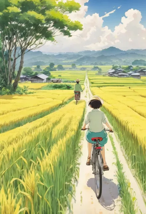 Beautiful illustrations, Endless rice fields, Half yellow、Half Green, Boy Riding a Bicycle, Girl sitting in the back seat，Style: Barnet, Includes 50d movie stills, Rural Scenery, countryside, panoramic,、Real、Paintings by Makoto Shinkai