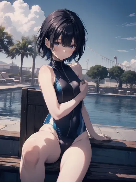 ultra-Top-quality by art God, ultra-detailed, high resolution, shinkai makoto style, anime moe artstyle, best anime 8k konachan wallpaper, pixiv contest winner, perfect anatomy, break,(Please draw a picture of a girl in a swimsuit sitting sleepily on a ben...