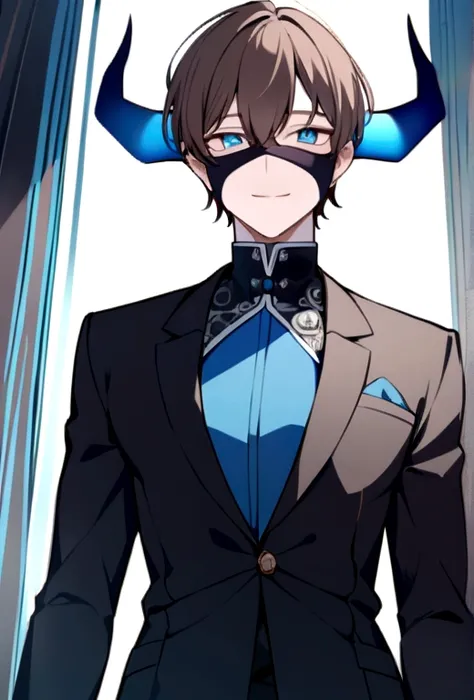 (man in half smile mask on the left side )(blue color)(blue eyes) brown hair)(blue horns)(Dressed in black)(Short haired)(alone)